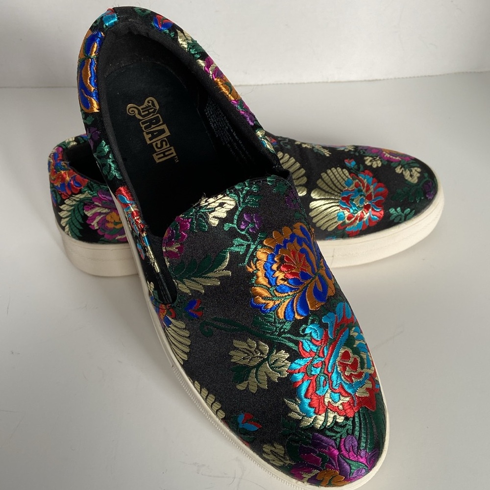 Brash Embroidered Satin Slip-on Platform Shoes